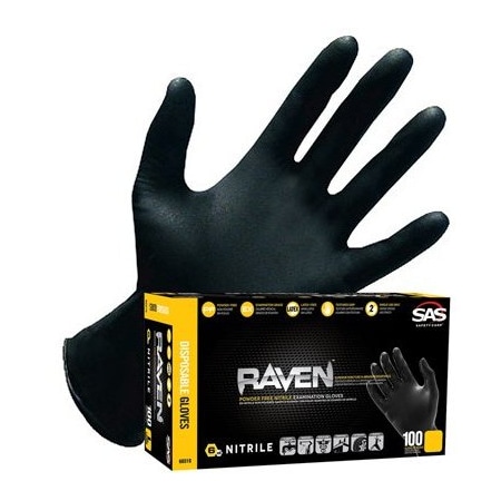 Sas Safety Raven, Nitrile Disposable Gloves, Textured, 7 mil Palm, Nitrile, Powder-Free, M, 100 PK, Black SA66517